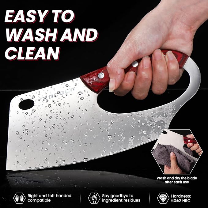 ROCOCO Easy Handle Meat Cleaver - Effort Saving Chef Knife Unique Professional for Kitchen Cutting Meat Vegetable Gift Red Full Tang Stainless Steel 7.48"