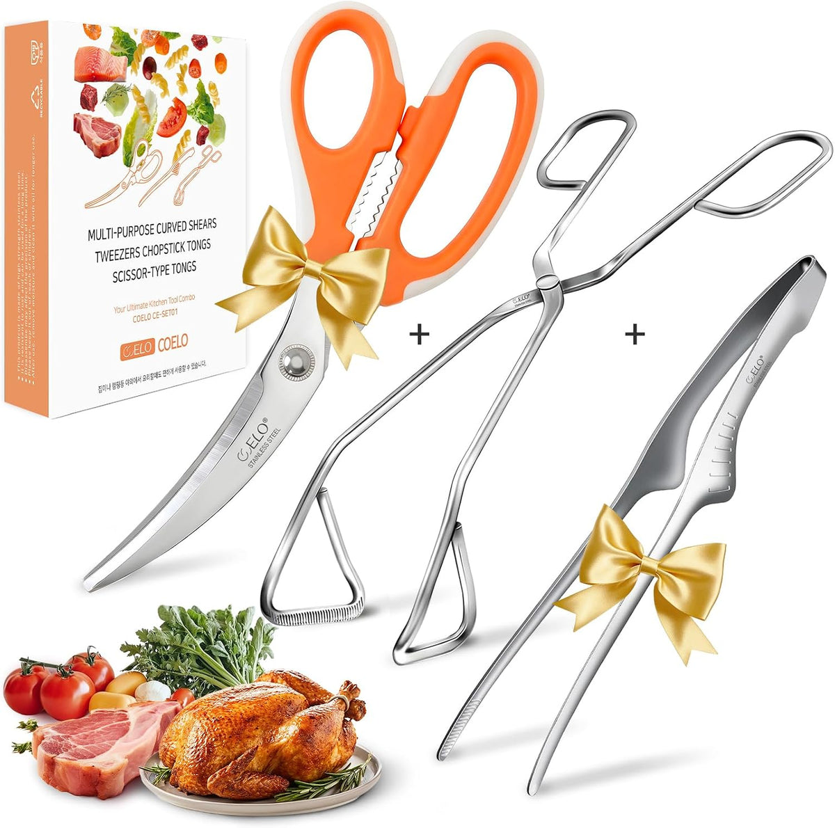 Korean BBQ Kitchen Shears and Tongs Set | Multi-Purpose Kitchen Scissors, Tweezers, Scissor-Tongs for Cooking Chicken Meat Salad Barbecue Herb | Stainless Steel Comfort Handle Dishwasher Safe