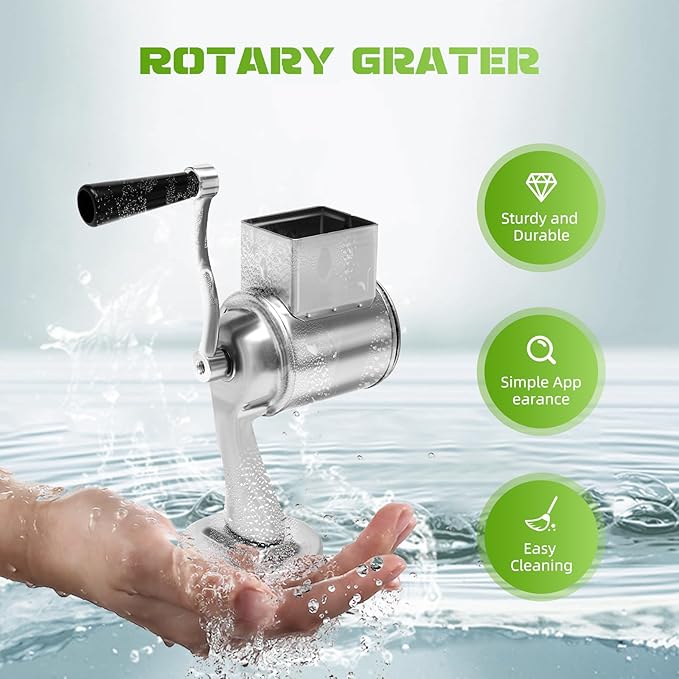 5-in-1 Stainless Steel Rotary Cheese Grater & Vegetable Slicer with 5 Interchangeable Blades, Countertop Cheese Grater Manual Kitchen Shredder Round Food Chopper for Fruit, Vegetables, Nuts and More