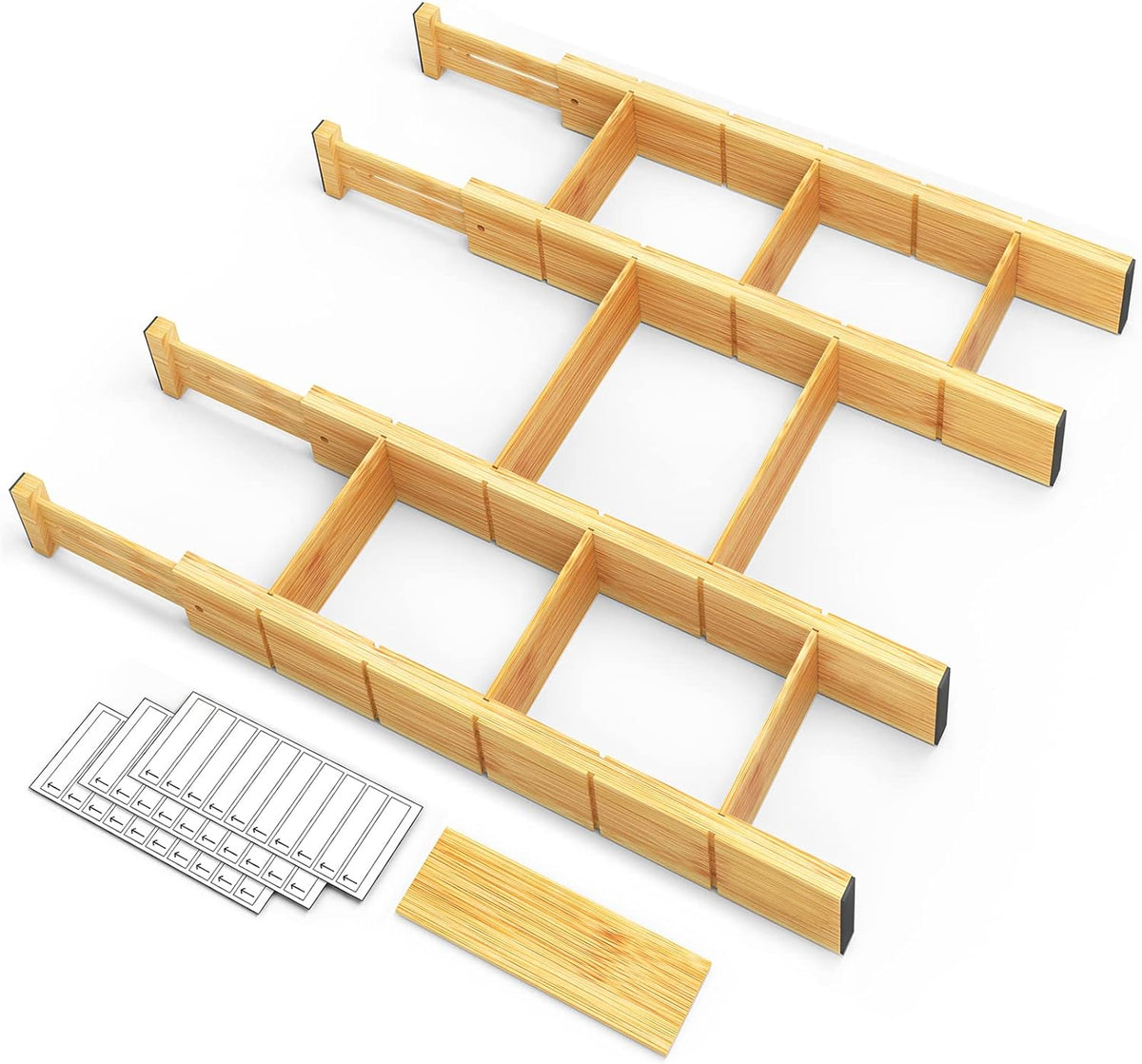Bamboo Drawer Dividers with Inserts and Labels, Kitchen Adjustable Drawer Organizers, Expandable Organization for Home, Office, Dressers, 4 Dividers with 9 Inserts (17"-22" Natural)