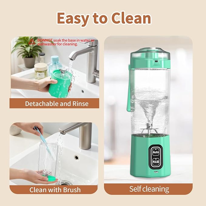 Portable Blender, 360 Watt Personal Blenders with Pulse Mode, Shakes and Smoothies, 6000mAh, BPA Free 24 Oz Blender Cup with 6 Blades and Lid, USB-C, Self Cleaning Portable Juicer, Light green
