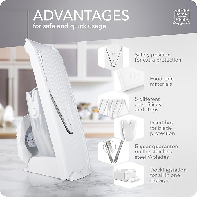 Börner Mandoline Slicer V1 (Professional Set) • V-Slicer with 4 Inserts, Fruit Holder, Docking Station, Box • Adjustable Vegetable Slicer • Cuts into Slices, Strips & Dices • Color: White