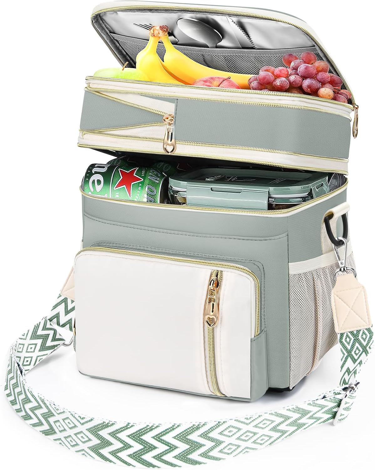 Lunch Box & Lunch Bag for Women Men Double Deck,Large Insulated Adult Lunch Box Leakproof Lunchbox Cooler Bag for Work Picnic Beach,（Olive Green16L）