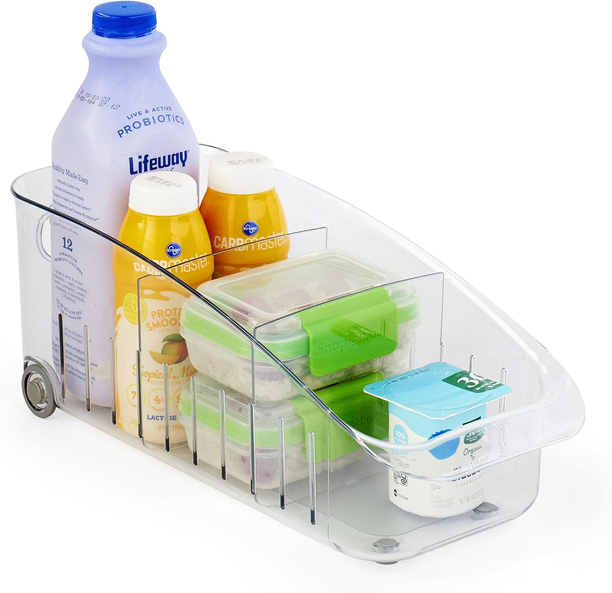 RollOut Fridge Drawer 6", BPA-Free Clear Rolling Refrigerator Organizer Bin with Adjustable Dividers and Handles for Produce, Food, Meal and Snack Storage