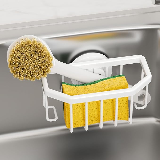TAILI Sponge Holder for Kitchen Sink with Strong Suction Cup Removable, Rustproof Aluminum Sink Caddy for Sponge, Brush, Scrubber, Scraper -Gold