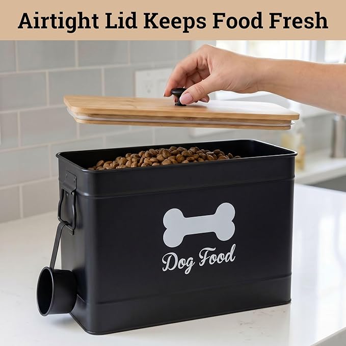 Dog Food Container Airtight 15-20 lb (70 Cup) Capacity with Metal Scoop - Cute Airtight Dog Food Storage Container with Bamboo Lid - Black Metal Kibble Storage Bin for Dogs up to 100 lbs - Big Pet Jar