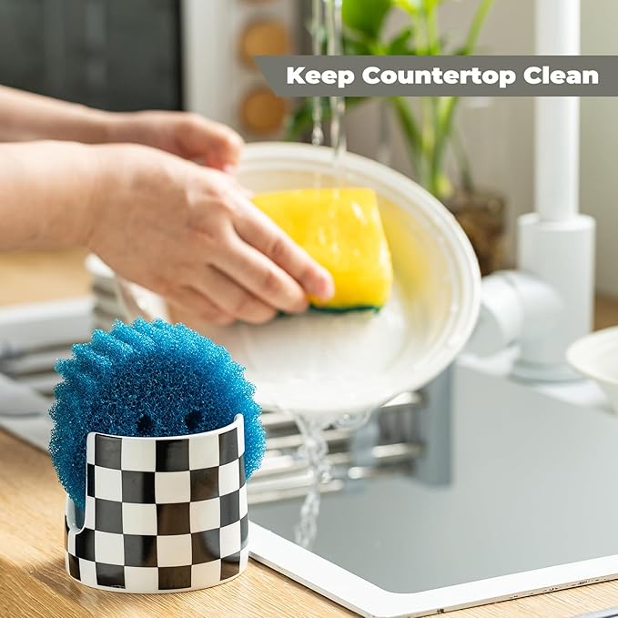 Zoeeker Checkered Kitchen Sink Sponge Holder, Dish Sponge Rack Ceramic Brush Holder Farmhouse Kitchen Drying Rack for Brush, Scrubbers, Bathroom, Sink, Black and White