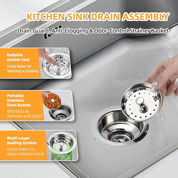 Kitchen Sink Drain Assembly, Stainless Steel Basket Strainer with Knob, 3-1/2 Inch Sink Drain Stopper Plug, Threaded Plastic Sink Strainer Tailpiece 1-1/2 in
