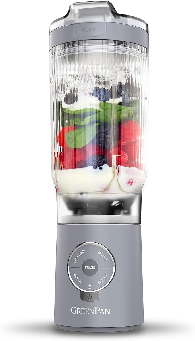 GreenPan Spin & Go Portable Blender, 24oz BPA-Free Cup, Self-Cleaning, Shakes Smoothies Juices, Crushed Ice & Frozen Fruits, Leakproof Lid, Fast Charge, Personal Handheld for Travel & Gym, Dove Gray
