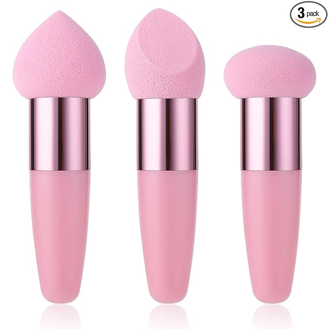 Sibba 3 Pcs Little Makeup Sponges with Handle, Powder Make Up Puff Set, Wet and Dry Foundation Blending Applicator, Cosmetic Concealer Face Brush, Lightweight Mini Beauty Sponges for Eyes and Sticks