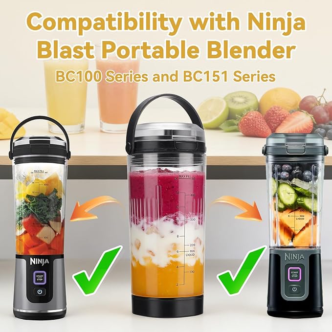 Blender Replacement Cups for Ninja Blast Portable Blender BC100 Series and BC151 Series, 18oz Blending Vessel Cup & Vessel Cap & Sip Lid with Carry Handle