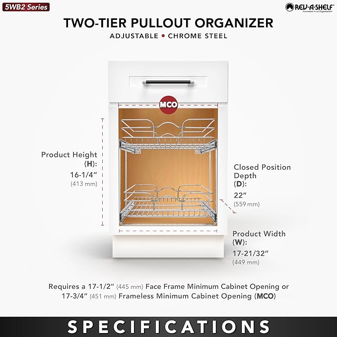 Rev-A-Shelf 2-Tier Pullout Shelf and Drawer Organizer for Kitchen Cabinets, Slide Out Storage Basket, Min Opening Width of 17.5", 18" x 22", 5WB2-1822CR-1