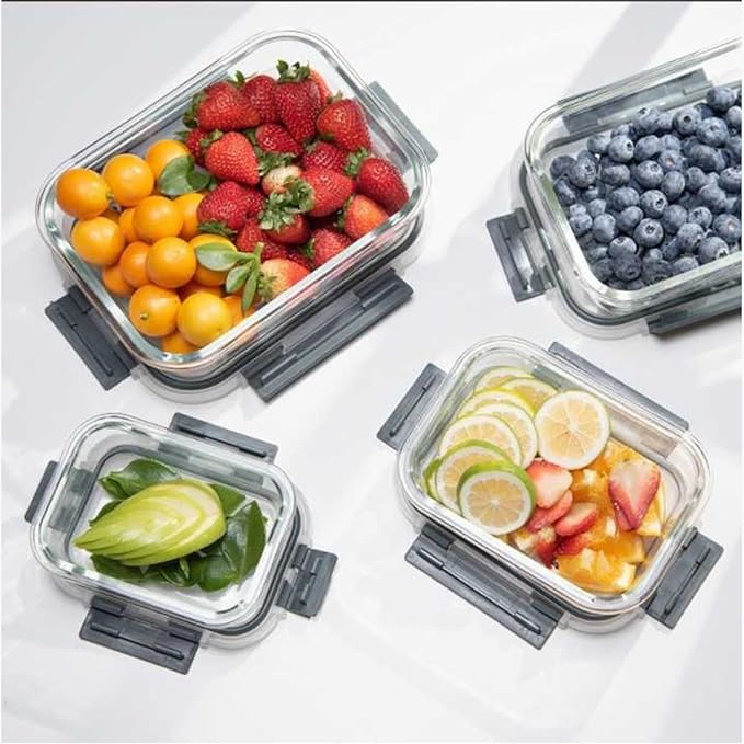 ECOBERI Glass Meal Prep Containers with Silicone Sleeves, 5 Piece 4.5 Cup Set, Borosilicate Glass Food Storage with Leak-Resistant Lids, Oven, Microwave, Freezer and Dishwasher Safe.