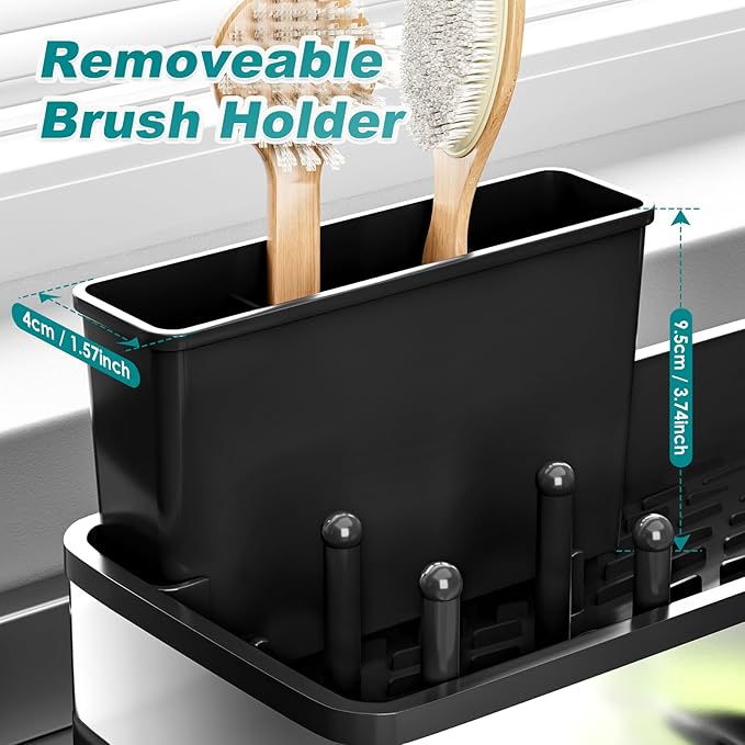 Ewaiira Stainless Steel Sink Caddy, Sponge Holder for Kitchen Sink with Brush Holder and Towel Rack, Sink Organizer for Countertop, Soap Dispenser Kitchen Organizers Storage Essentials (A-Black)