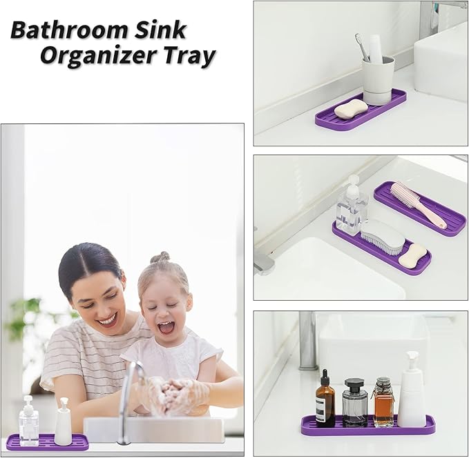 MicoYang Silicone Kitchen Sink Organizer Tray for Multiple Usage,Eco-Friendly Sponges Holder for Kitchen Bathroom Counter or Sink,Dish Soap Dispenser,Scrubber,Bottle,Cup (Purple, 12"×4")