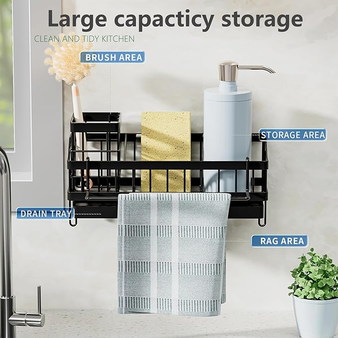 Sponge Holder for Kitchen Sink, Sink Caddy with Brush Holder, Soap Dispenser for Kitchen Organizers, Rustproof and Non-Slip, Suspension or Floor-Standing, Matte Black