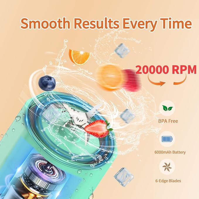 Portable Blender, 360 Watt Personal Blenders with Pulse Mode, Shakes and Smoothies, 6000mAh, BPA Free 24 Oz Blender Cup with 6 Blades and Lid, USB-C, Self Cleaning Portable Juicer, Light green