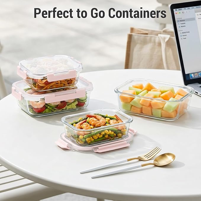Dealusy 10 Sets (20-Piece) Glass Meal Prep Containers with Lids, Five 36 oz & Five 12 oz Airtight Leak-proof Glass Food Storage Containers with lids, Microwave Oven Freezer Dishwasher Safe, Pink