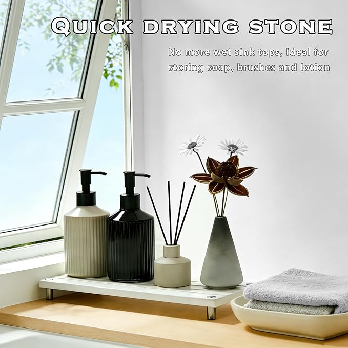 Durable Kitchen Sink Organizer, Instant Dry Sink Caddy for Bathroom Counter, Diatomite Stone Drying Tray, Upgrade Water Absorbing Stone Tray for Sink, Anti-Slip Stone Soap Tray -White