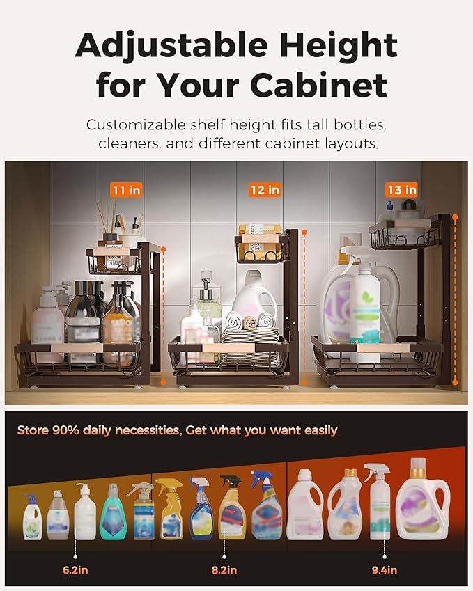 Sevenblue 3 Pack Under Sink Organizer, Height Adjustable 2 Tier Pull-Out Metal Under Kitchen Sink Organizer, Multi-Purpose Storage Shelves for Kitchen Bathroom Cabinet, Brown