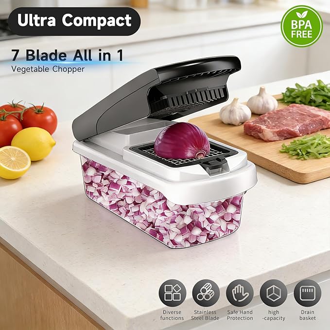 Vegetable Chopper Mandoline Slicer, 15 in 1 Food Veggie Chopper for Onion, Veggie, Cheese Grater, Vegetables Cutter With Large Container, Kitchen Gadgets (White)