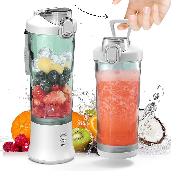 DENOKIN Portable Blender, Shakes and Smoothies Cordless Personal Size Blender 20oz with 6 Blade and a Travel Lid (Apple White)