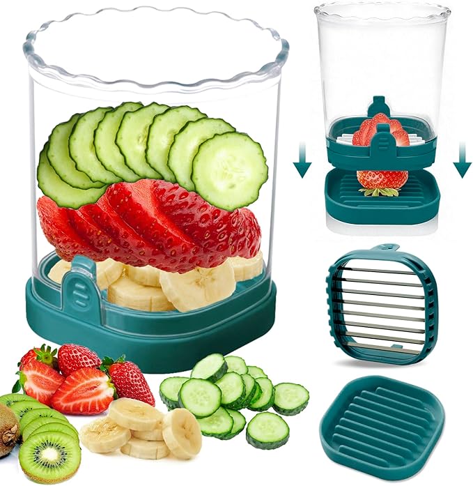 Strawberry Slicer：Fruit Slicer Cup Veggie Salad Speed Cutter for Strawberries Egg Banana Mushroom Cucumber Kiwi the Kitchen Portable Slicing Tool (Dark Teal)
