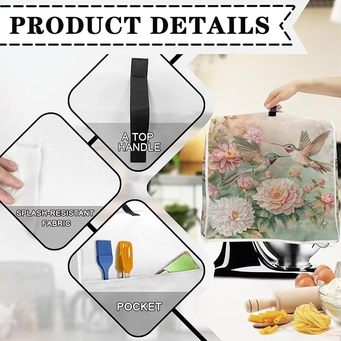 Hummingbird Kitchen Stand Mixer Cover Portable Dust Cover for Small Appliances with Pockets Kitchen Appliance Protector for 4.5-5 Quart Coffee Makers or Juicers