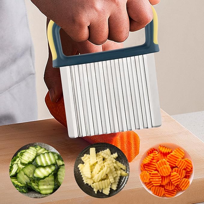 Crinkle Cutter, Stainless Steel Wave Cutter with Protective Case and Handle, Cutting Tool for Veggies, Carrot Slicer, French Fry Cutter, Onion Chopping Knife (Yellow)