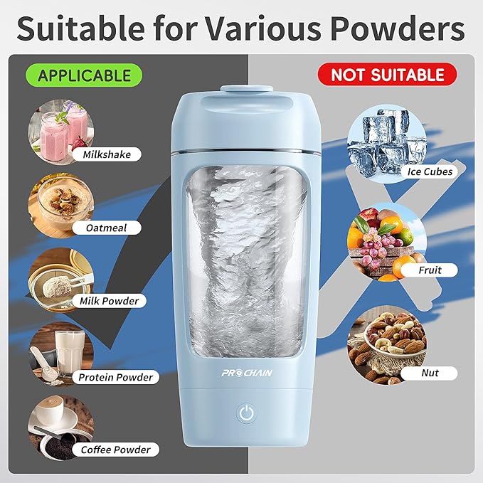 PROCHAIN Electric Protein Shaker Bottle, USB Rechargeable Protein Shakes Mixer, with Powder Storge Cup, Portable Water Drink Bottles for Gym Sport Workout, BPA-Free Tritan, 22oz (Light Blue)