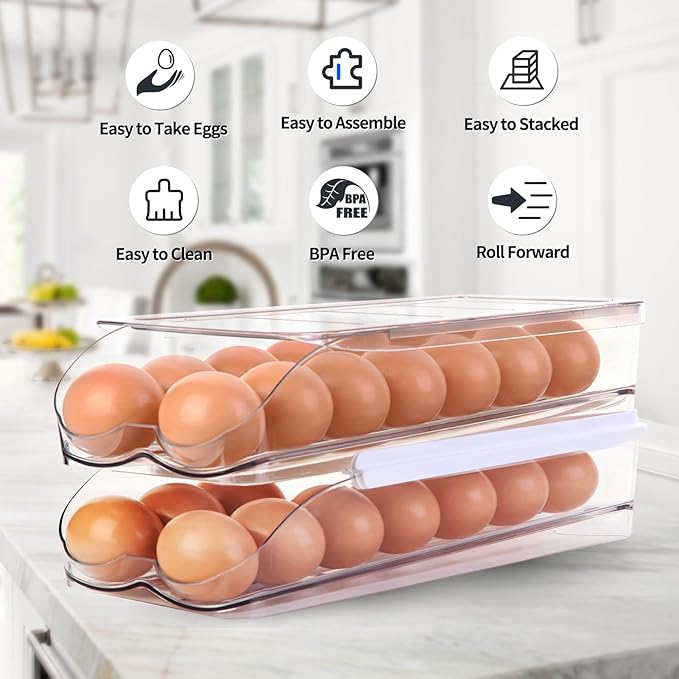 RoskDeewat Egg Holder for Fridge, Automatic Rolling Egg Container for Refrigerator, Stackable Fridge Organizers and Storage with Lid, Clear Plastic Egg Dispenser & Tray (2 Tier)