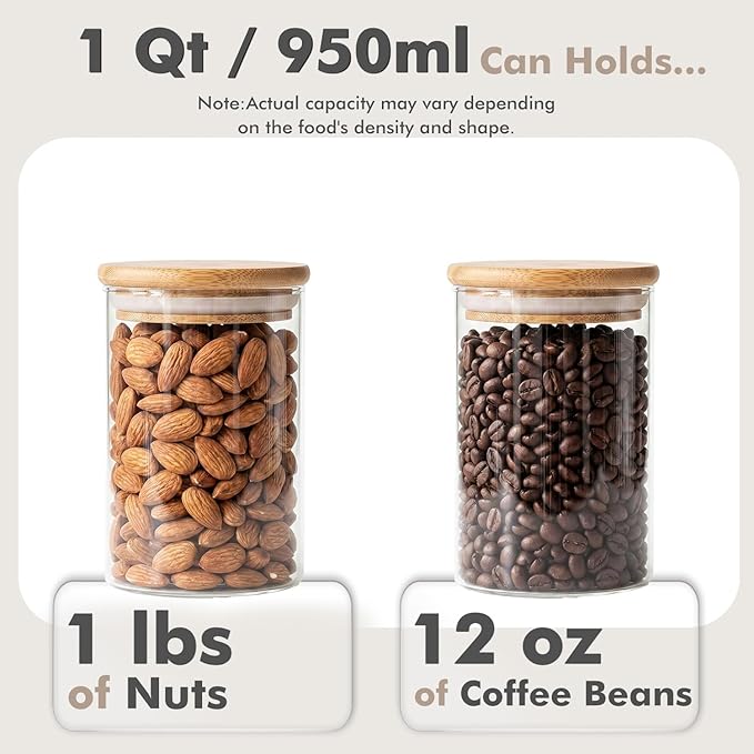 6-Pack 1Qt Round Glass Storage Jars with Bamboo Lids, Pantry Storage Containers for Neat Organization, Ideal for Minimalist Kitchen Organizer, Nut, Coffee Beans, Oats, Cookie, Candy, Tea