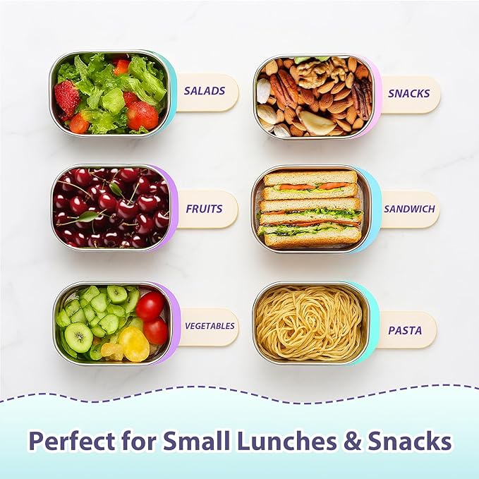 Tanjiae 3-Pack Stainless Steel Snack Containers for Kids & Toddlers - 550ml (18oz) Leakproof Reusable Food Containers with LFGB Certified Lids | Stackable Metal Lunch Box for Daycare, School, Travel