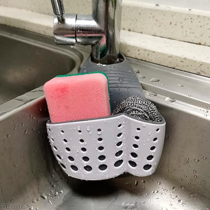 Silicone Sponge Holder For Kitchen Sink - Over The Faucet Sink Sponge Holder Hanging, 5.7 x 3.22 x 2.2" Convenient Size - Adjustable Silicone Holders With Strap, Easy to Use and Clean