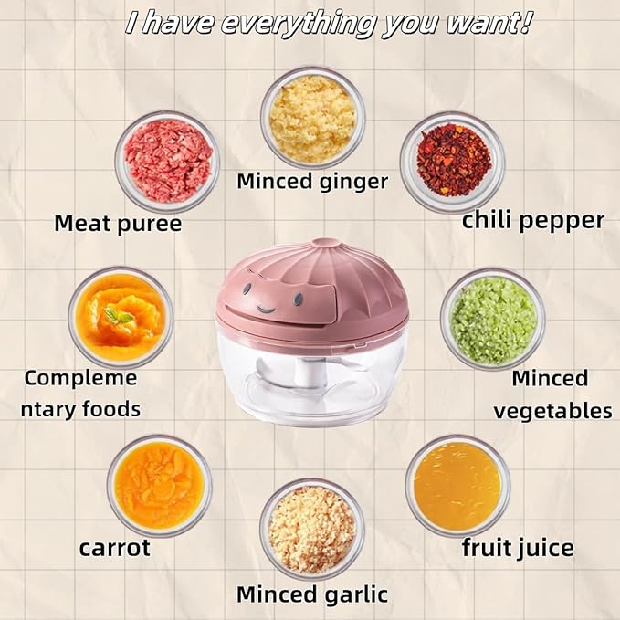 Manual Food Processor Vegetable Chopper, Mini Hand Pull String Garlic Chopper Onion Cutter for Veggies, Ginger, Fruits, Nuts, Avocado, garlic etc., Food Safe Material, 160ml (pink)