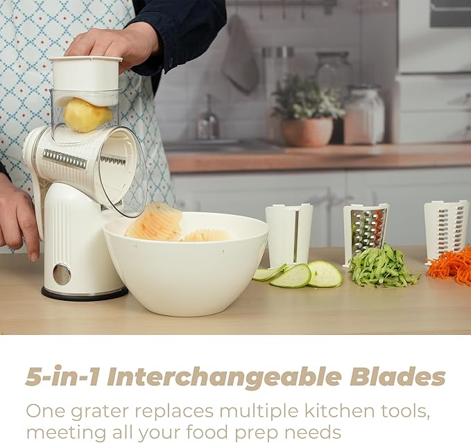 ZHANG XIAO QUAN SINCE 1628 Rotary Cheese Grater, Cheese Shredder with Stable Suction Base, Labor-Saving Vegetable Slicer for Kitchen, Mandoline Slicer & Food Chopper & Kitchen Prep Tool, 5-in-1, Beige