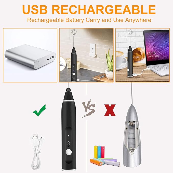 Milk Frother Handheld, Gbivbe Rechargeable Whisk Drink Mixer for Coffee with Art Stencils, Coffee Mixer for Cappuccino, Hot Chocolate Match, Frappe, Hot Chocolate, Egg Whisk
