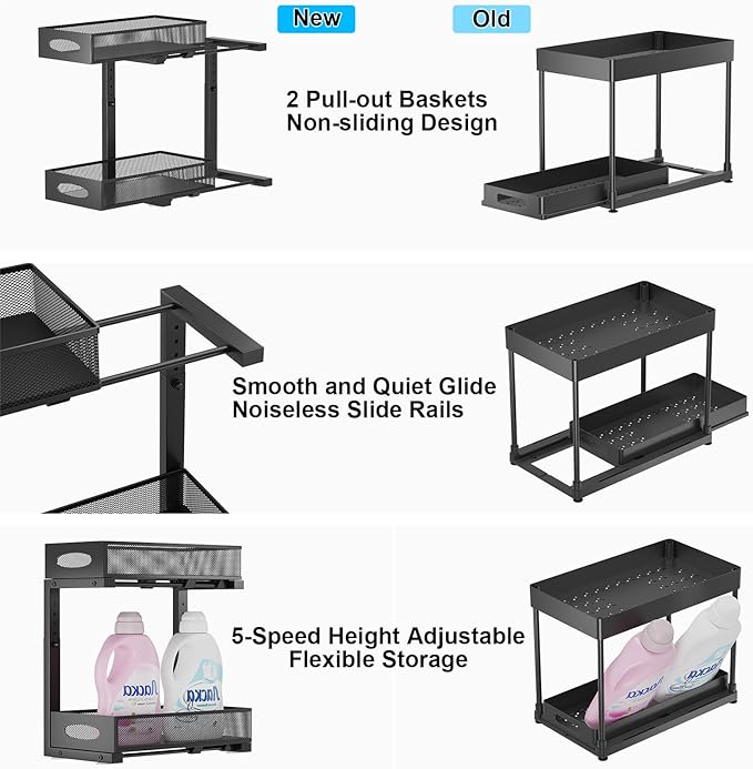 Under Sink Pull Out Organizer, 5-Level Adjustable Height to Fit U/L Shape Plumbing Pipes, Carbon Steel 2-Tier Storage Rack for Kitchen Bathroom Cabinet, Black