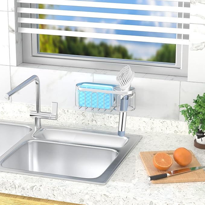 2-in-1 Sponge Holder for Kitchen Sink, Sink Caddy Kitchen Sink Organizer with 3 Suction Cups, No Drill Rustproof Sink Sponge Holder for Dish Brush, Soap & Sponge (Silver)