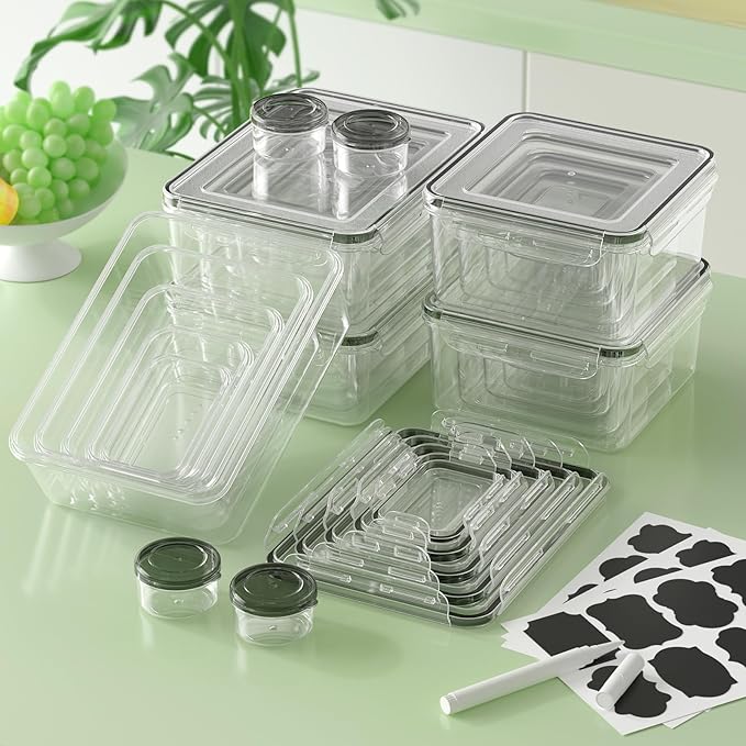 KEMETHY 44-Piece Food Storage Containers with Lids(22 Containers & 22 Lids), Plastic Food Containers for Pantry & Kitchen Storage and Organization, BPA-Free, Leak Proof, Reusable with Labels & Pen