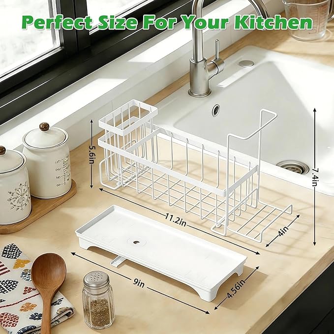 Sponge Holder for Kitchen Sink, Sink Caddy Organizer with Detachable Cloth & Brush Holder, Self-Draining Sponge Caddy Organizer with 360° Rotatable Spout, Kitchen Countertop Storage Accessories(White)