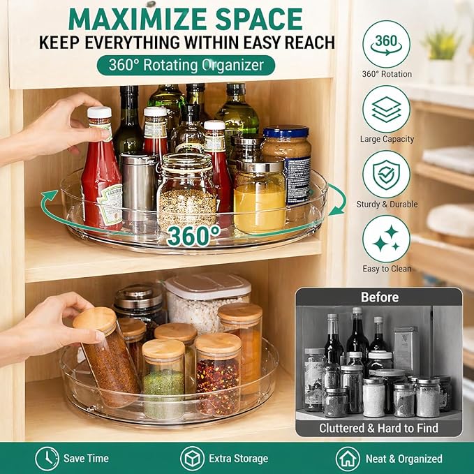 2 Pack Lazy Susan Organizer, Rotating Spice Rack Turntable for Kitchen Cabinet Pantry, Clear Storage Tray for Refrigerator Countertop Bathroom Organizer