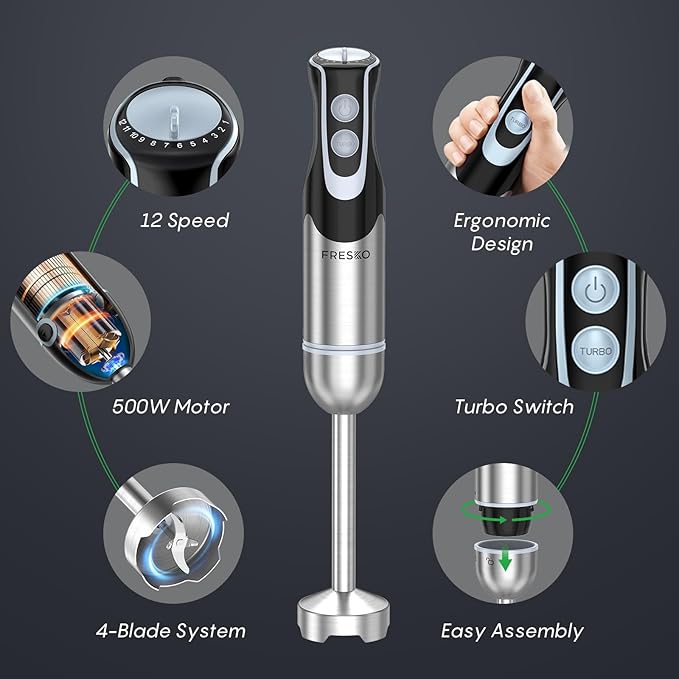 FRESKO Immersion Blender Handheld, Stainless Steel Hand Electric Stick Mixer with 12-Speeds & Turbo Mode, Powerful 500W Emulsion Blender with Beaker, Chopper & Whisk for Smoothie, Puree, Baby Food