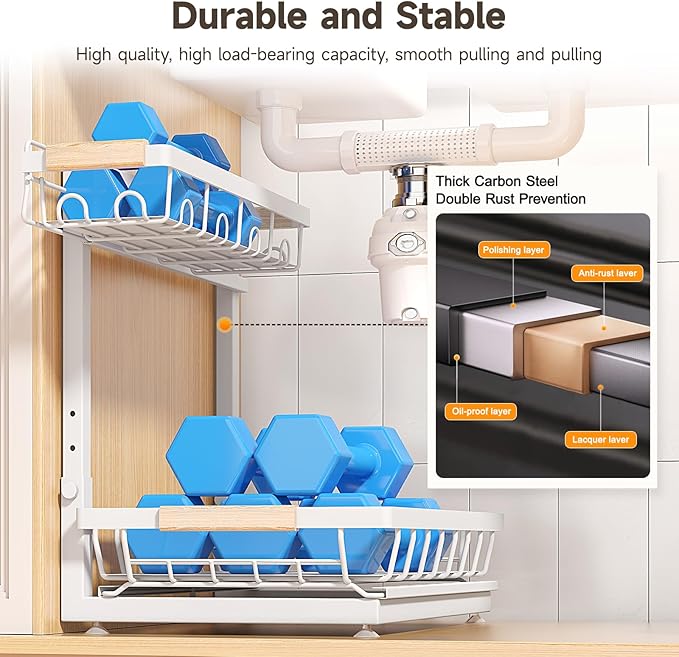 Sevenblue 2 Packs Under Sink Organizer, Height Adjustable 2 Tier Under Kitchen Sink Organizer, Multi-Purpose Storage Shelf for Kitchen Bathroom Cabinet
