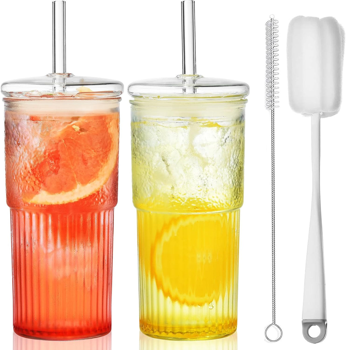 Glass Cups with Lids and Straws, 22 oz High Borosilicate Clear Iced Coffee Glass Tumblers, Drinking Glass Smoothie Tea Water Cups, Pack of 2 with Cleaning Brush