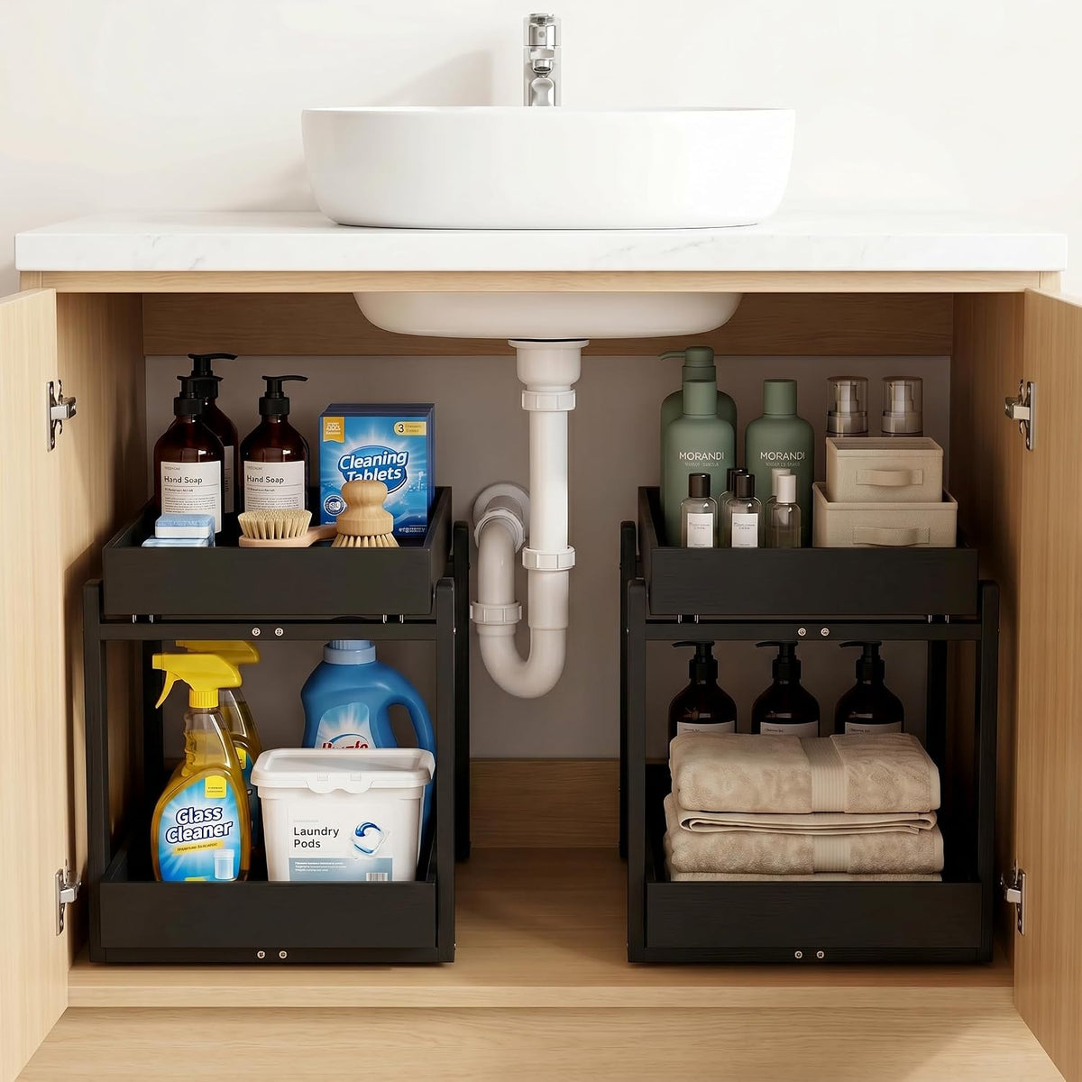 Bamboo Under Sink Storage 2 Tier Pull Out Cabinet Organizer