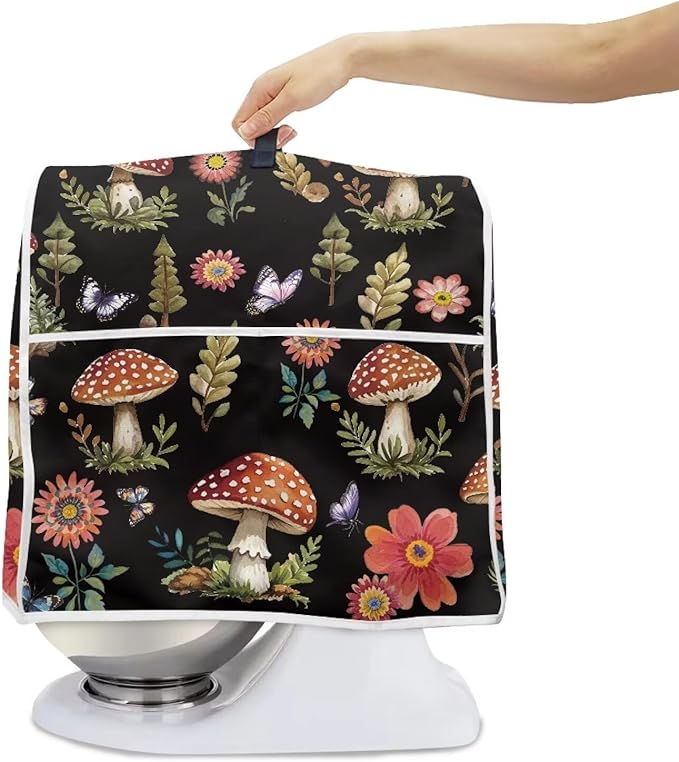 Daisy Mushroom Butterfly Stand Mixer Cover Anti Fingerprint Kitchen Appliance Covers with Top Handle & Storage Pocket Easy-Clean Oil-Resistant Dust Protector for 6-8 Quart Mixers