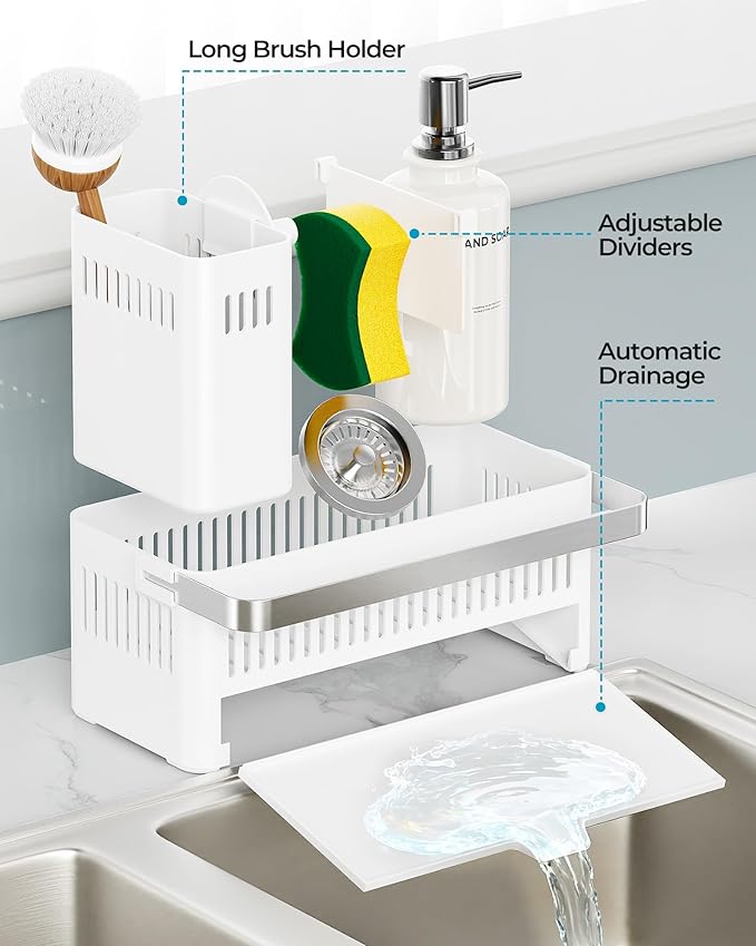 Nieifi Sponge Holder for Kitchen Sink, Sink Caddy with Towel Rack, Dish Sponge Holder, Brush Holder for Kitchen Sink Organizer Storage, White