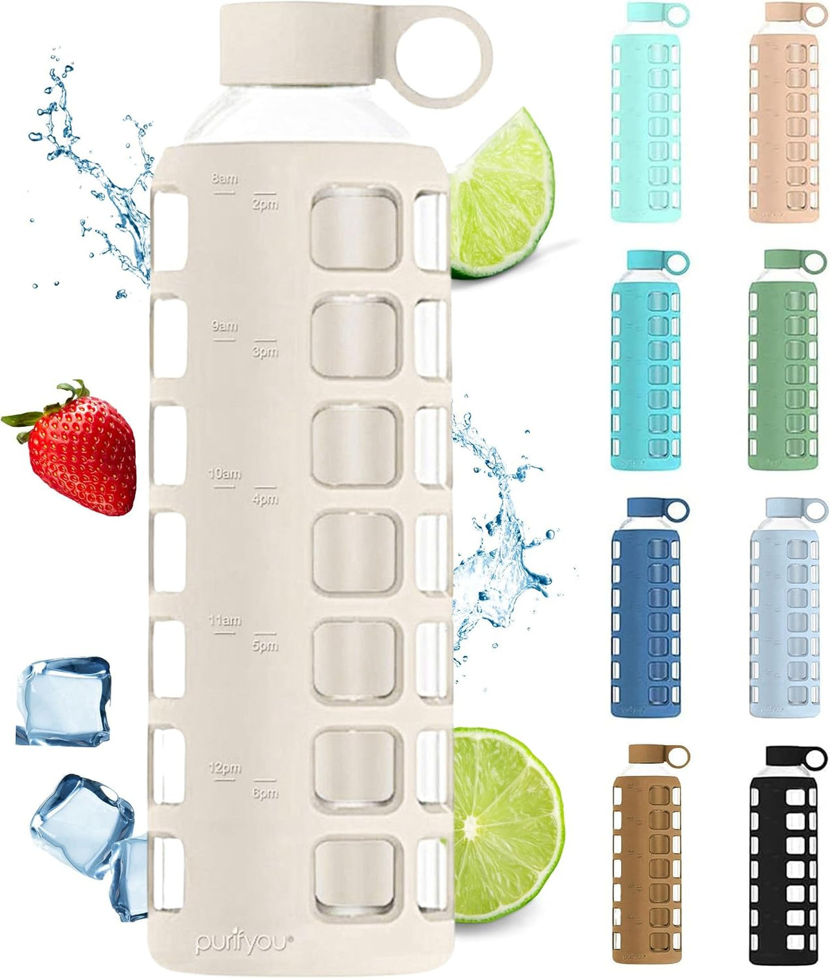 40oz / 32oz / 22oz / 12oz Borosilicate Glass Water Bottle with Time & Volume Markers, Silicone Sleeve, Stainless Steel Lid | Reusable Glass Bottle for Water & Juice