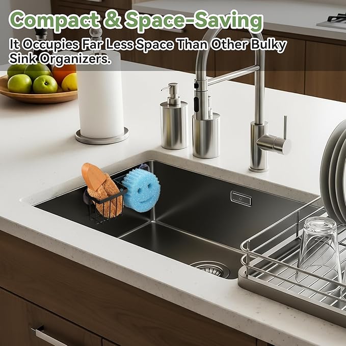 LANDNEOO [Space Saving] Sponge Holder for Kitchen Sink, Great for Scrub Daddy/Scrub Mommy Sponges, Rust-proof Sink Sponge Caddy Organizer for Dish Brush, Scrubber - with Suction Cups & Hooks, Black